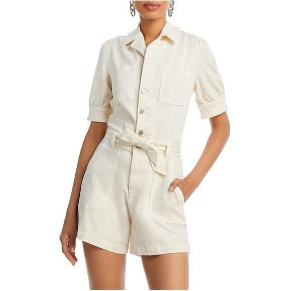 Kittenish White Utility Cargo Bow Tie Romper Jumpsuit Womens Small - Picture 2 of 6
